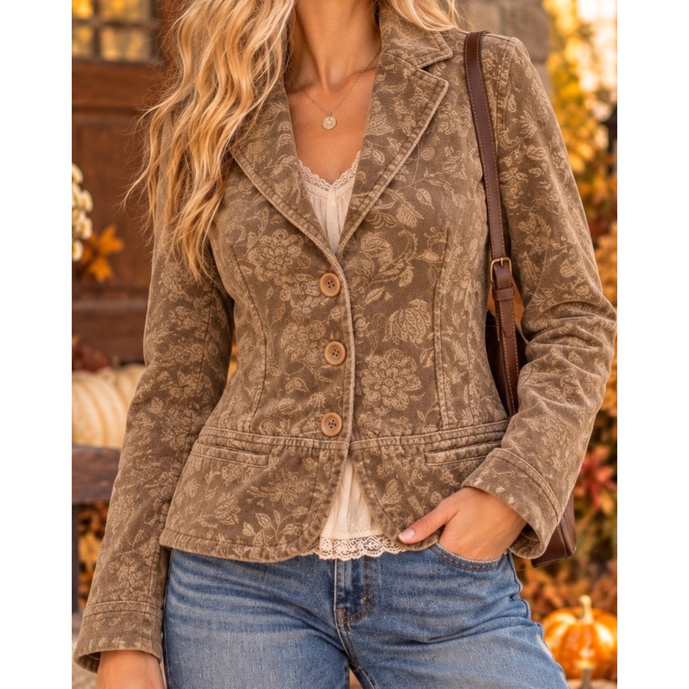 Talbots Floral Corduroy Blazer Jacket Brown Damask 3 Button Size 4 100% cotton